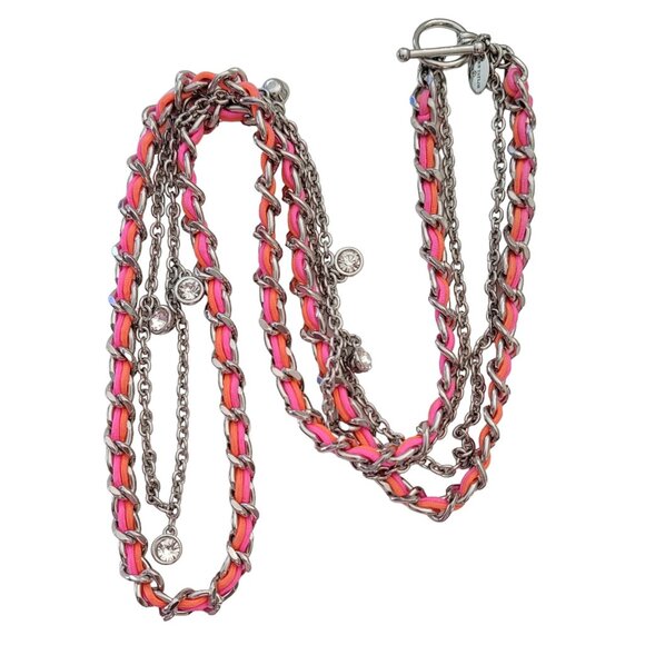 Ann Taylor Silver Tone Pink Orange Cord Crystal Stations Chain Necklace, E874 - Picture 5 of 8